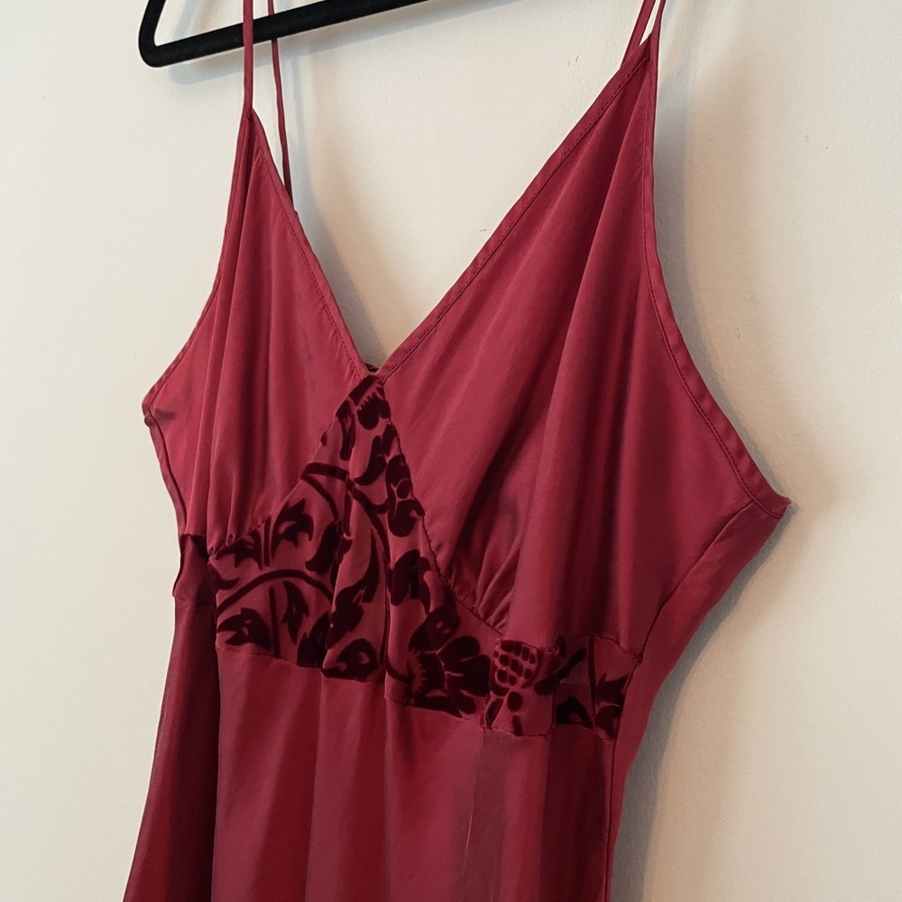 VTG 100% Silk Babydoll Slip Dress Wine Size L Tie Back Burnout Velvet Romantic - Picture 5 of 11